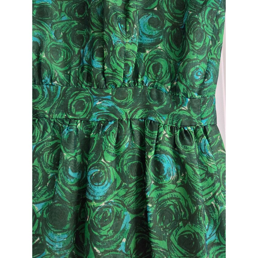 Vintage 60s Mod Psychedelic Swirl Dress Small Pockets Raw Silk Shantung Green - Picture 2 of 10
